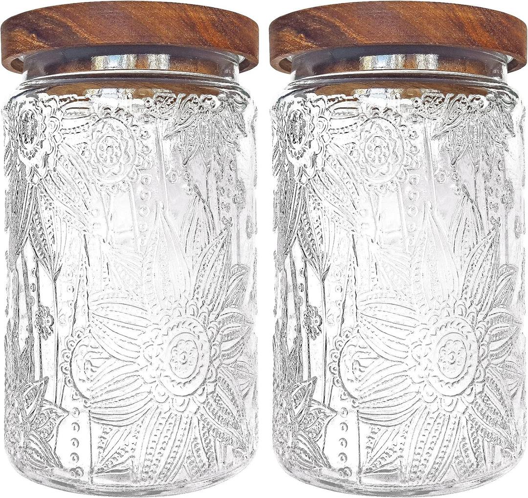 35oz/1000ml Glass Storage Jars with Nature Wood Lids, Airtight Food Storage Containers for Kitchen Organization, Large Capacity for Cookie, Pasta, Sugar, Flour, Cereal - Set of 2 sunflower