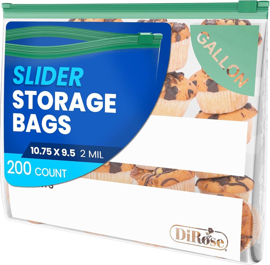 DiRose Gallon Slider Storage Bags, Easy Open Zip, Ideal for Food Storage and Organization, 200 Count