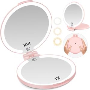 FUNTOUCH Travel Mirror with Light, 10X 1X Double Sided Magnification Rechargeable Mirror for Women Girls with 3 Color Setting Adjustable Rotation LED Vanity, Pink
