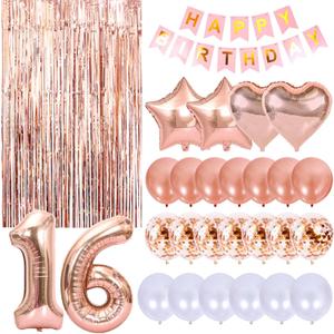 Rose Gold 16th Birthday Party Decoration Kit - Happy Birthday Banner, Fringed Curtain, Latex Balloons and Confetti Balloons for Girls' Party Supplies (40pcs)
