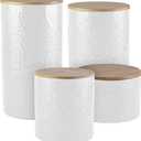American Atelier Embossed Canister Set 4-Piece Ceramic Set Jar Container with Wooden Lids for Cookies, Candy, Coffee, Flour, Sugar, Rice, Pasta, Cereal & More White