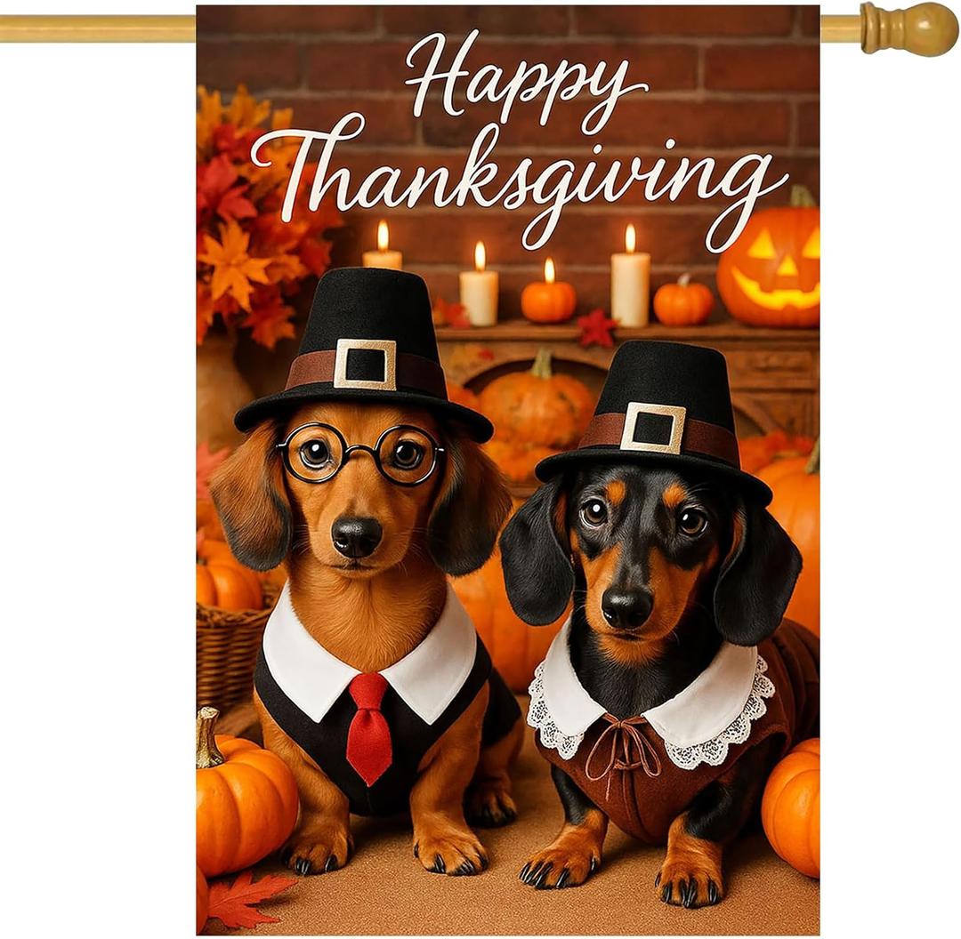 IVN Happy Thanksgiving Dachshund Garden Flag 12x18 Inch Double Sided Pilgrim Dog Pumpkin Autumn Outdoor Yard Flag for Home Front Door Lawn Porch Decor
