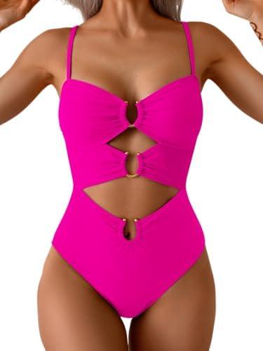 Eomenie One Piece Swimsuit for Women Ring Linked Monokini Sexy Bathing Suit Cutout Swim Suit Hot Pink at Amazon Womens Clothing store, Hot Pink, M