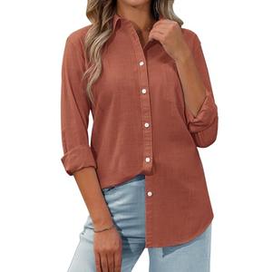 siliteelon Linen Button Down Shirt Women Long Sleeve Summer Blouse for Casual, Beach, Work Breathable Collared Linen Tops Orange M