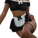 Foxiny Sexy Stockings Mini Skirt Mesh Sheer Lace Halloween Costume Maid Outfit Lingerie with Thong Set 4 Piece (Black), Small