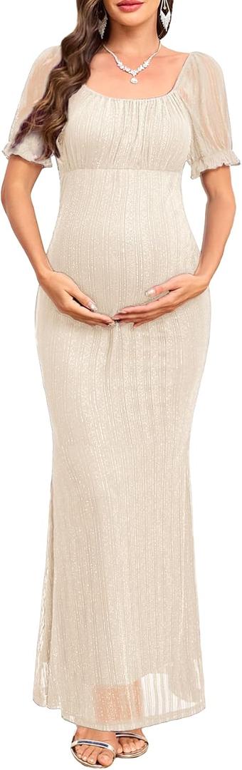 AISWI Maternity Sparkly Mesh Dress Short Sleeve Square Neck Pregnancy Dresses for Semi Formal Baby Shower Photoshoot (Beige, M)