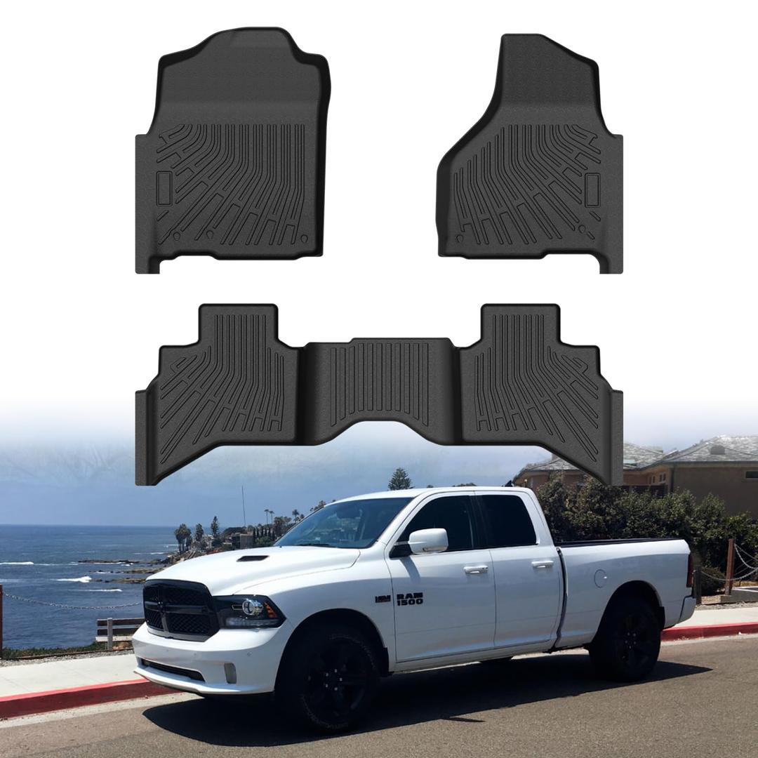 Mixsuper Floor mat for 2009-2018 Dodge Ram 1500 Quad Cab, 2019-2024 Ram 1500 Classic Quad Cab,All Weather TPE Rubber Floor Liners Protection for Car Accessories,2 Row Anti-Slip Car Mats, Black