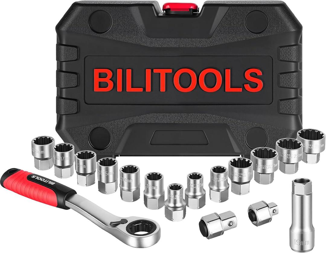 BILITOOLS 17PCS 3/8" & 1/2 Pass Through Socket Set, 2-In-1 Conversion For Standard Ratchet/Pass-Through Ratchet, Pass Thru Go Through Mechanics Tools Set For Hex, Square, E-Torx, Spline