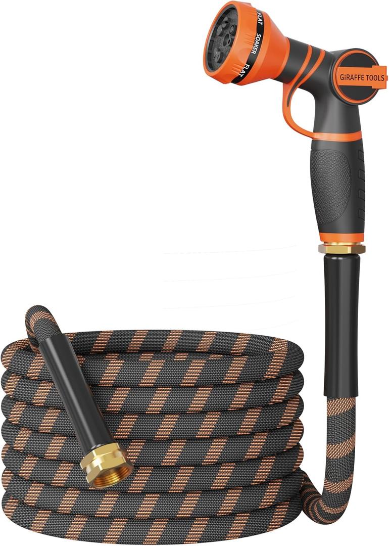 Giraffe Tools Non-Expandable Garden Hose 25FT 1/2 Lightweight Flexible Water Hoses Burst 600 psi with 9 Spray Function Nozzle Heavy Duty Hose