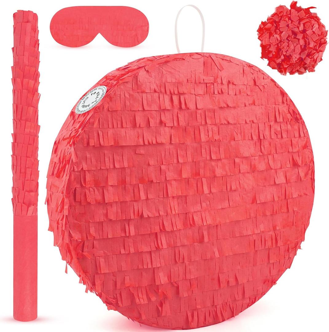 Red Pinata Red Circle Round Blank Pinata with Bat Stick Blindfold Confetti for Kids Birthday Wedding Celebration Baby Shower Carnival Party Supplies,13 x 13 x 3.15 Inches