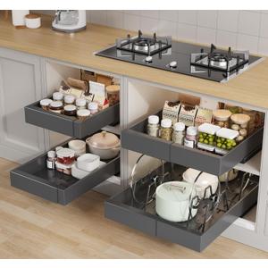 Seinloes 4 Pack Pull Out Cabinet Organizer 21" Deep with Raising Pad for Framed Cabinets, Expandable (9"-14" W) Slide Out Drawers for Kitchen Cabinets with 4pcs Divider Racks, Roll Out Shelves, Black