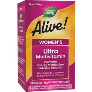 Nature's Way Alive! Ultra Multivitamin for Women, Complete Daily Women's Vitamins, High Potency Formula, Promotes Energy Metabolism and Muscle Function*, Vitamin A, C, D, Methylated B12, 60 Tablets EXP: 09-30-27