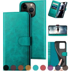 DuckSky Compatible with iPhone 16 Pro Max Genuine Leather Wallet caseRFID Blocking4 Credit Card HolderReal Leather Flip Folio Book Phone case Cover Women Men for Apple 16 ProMax case Blue Green