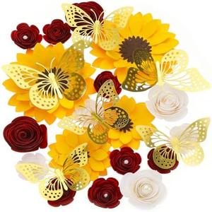 Nezyo 30 Pack Flower and Butterfly DIY Decorations Set 18 Pcs Flower Heads 12 Pcs 3D Butterfly Flat Back Roses Yellow Sunflower Heads for Grad Hats Wedding Baby Shower Home Decor (Red, Yellow)