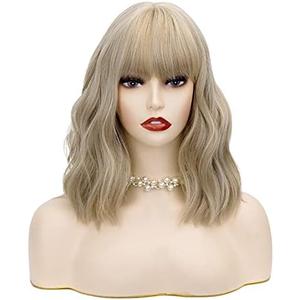 TSNOMORE 14 inches Mix Blonde Wigs for Women, Short Curly Wavy Wig with Bangs, Looking Natural Heat Resistant Fiber Hair Wig (Mix Blonde-With Bangs)