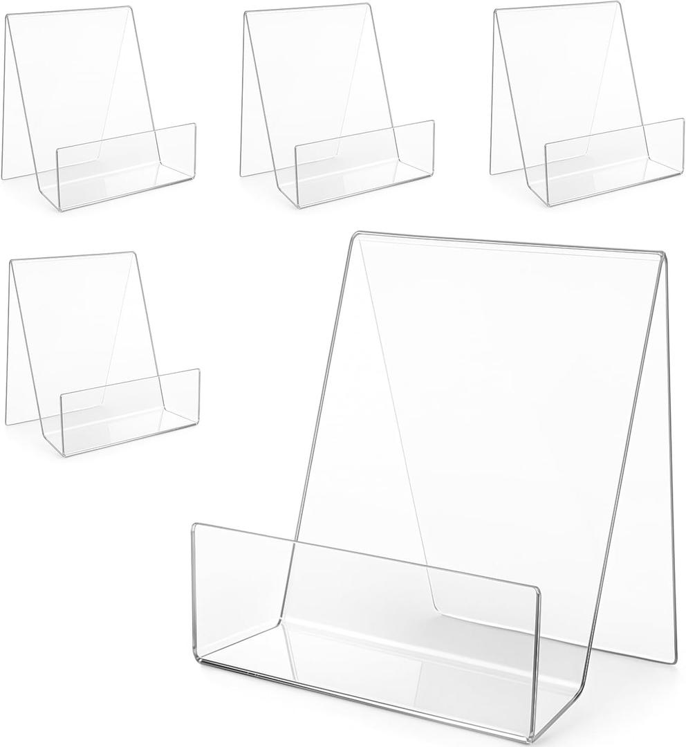 Large Acrylic Book Stand for Display - 5 Pack Heavy Duty Clear Easel Holder for Textbooks, Cookbooks & Art - 8x8x4 Inch Sturdy Tabletop Stand for Heavy Books, Vinyl Records & Wedding Guest Books