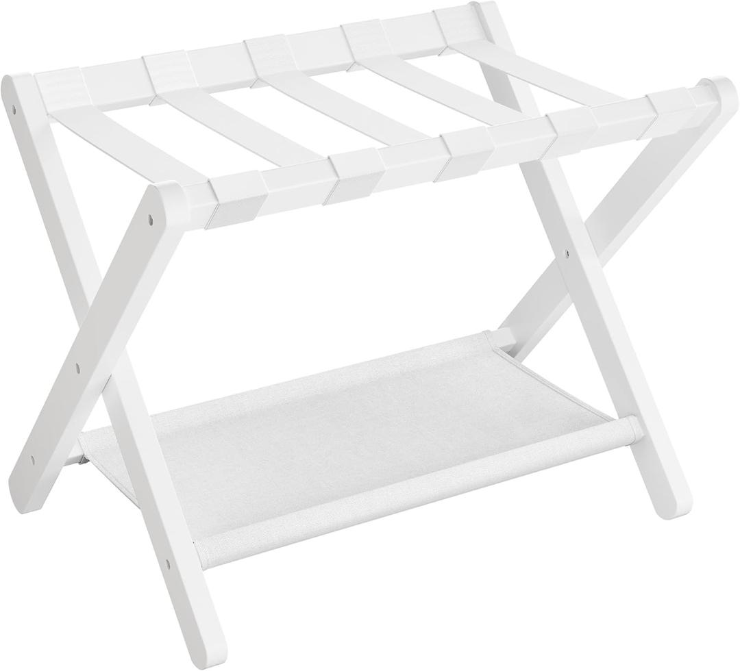 SONGMICS Luggage Rack, Folding Suitcase Stand with Storage Shelf, for Guest Room, Hotel, Bedroom, Heavy-Duty, Holds up to 131 lb, Classic White URLR007W01
