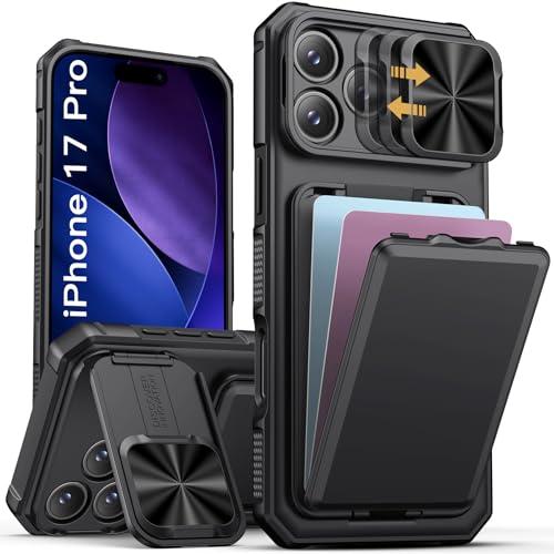 SSLOTSCASE for iPhone 17 Pro Case with Card Holder & Kickstand & Slide Camera Lens Cover & Camera Stand & Wallet, Military-Grade Heavy Duty Rugged Phone Case Cover for iPhone 17 Pro 6.3'' 2025, Black
