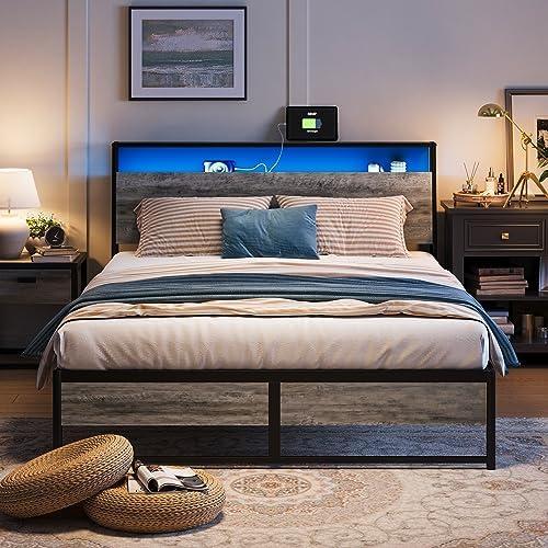 LINSY Queen Bed Frame with Headboard, Platform Metal Bed Frame with Lights, Outlets & Charger, 45 Minutes Fast Assembly Bed Queen Size with Storage, No Box Spring Needed, Greige