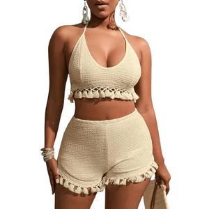 BEAUDRM Women's 2 Piece Outfits Tassel Trim Backless Halter Crop Top and Elastic Waist Shorts Sets (Apricot, Medium)