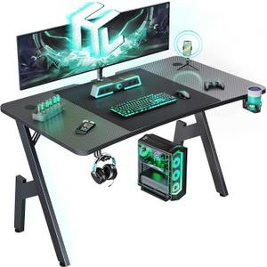 HLDIRECT 55 Inch A-Shaped Gaming Desk with Carbon Fiber Surface, Black
