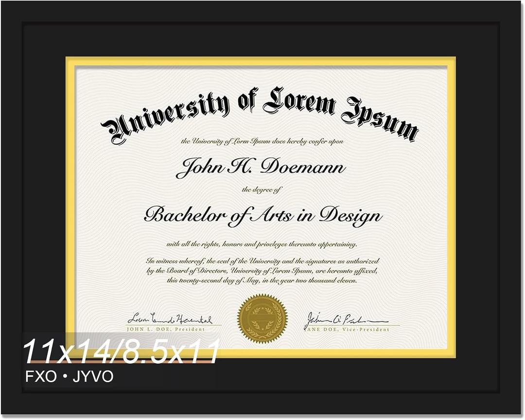 Fxojyvo Black 11x14 Diploma Frame, Display Document 8.5 x 11 with Mat or 11 x 14 Without Mat, Certificate Frame with Black&Gold Mat for Masters Associates Bachelor Degree - 1 Pack