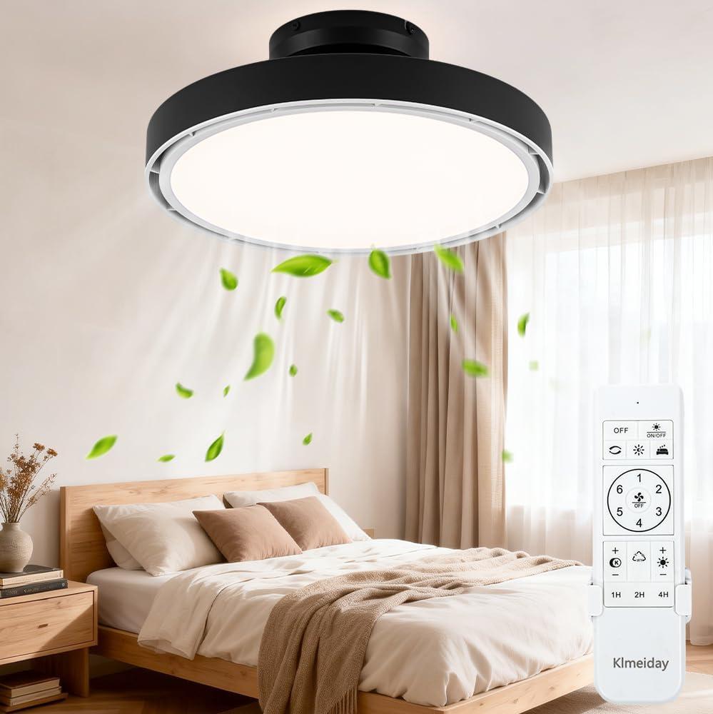 Bladeless Ceiling Fans with Lights and Remote, Flush Mount Modern Ceiling Fan with Light, 6 Speeds, Stepless dimming & 3000-6000K CCT LED Lights for Bedroom, Living Room (Black), Medium