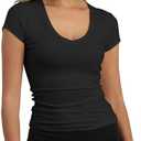 GEMBERA Womens' Stretchy V Neck Short Sleeve Gym Workout Form Fitted Casual Basic Top T-Shirt Size XL