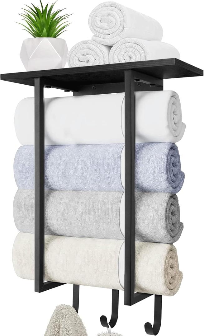 ELITEROO Towel Holder for Bathroom Wall, Towel Rack with Shelf and Hooks, Hanging Towel Organizer for Small Bathroom Storage, Wooden Rolled Towel Shelf for RV, Camper, Black