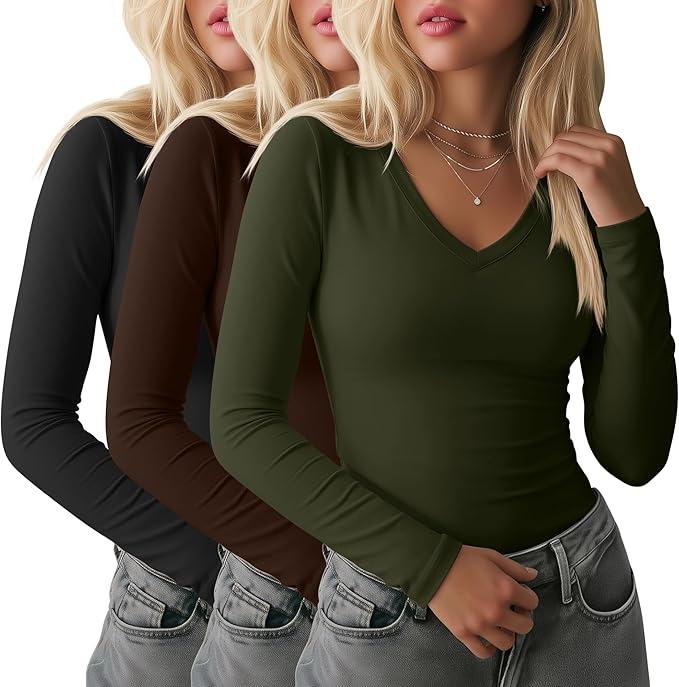 Oakgarden 3 Pack Women's Long Sleeve Tops, Sweetheart Neck Knit Basic Shirts Slim Fit Casual Fall Going Out Tee Size XXL