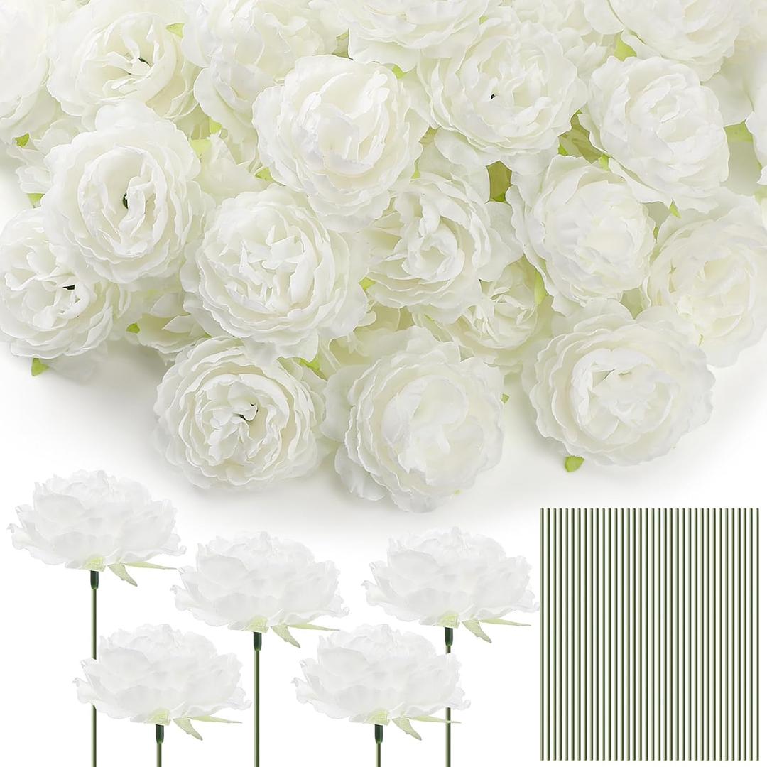 Thiccywoov 100 Pcs Flowers Long Stem Artificial Rose, 3.2 Inches Silk Rose Head Flowers Fake for Wedding Bridal Bouquet Independence Day Home Floral DIY Centerpieces Party Decoration (White)