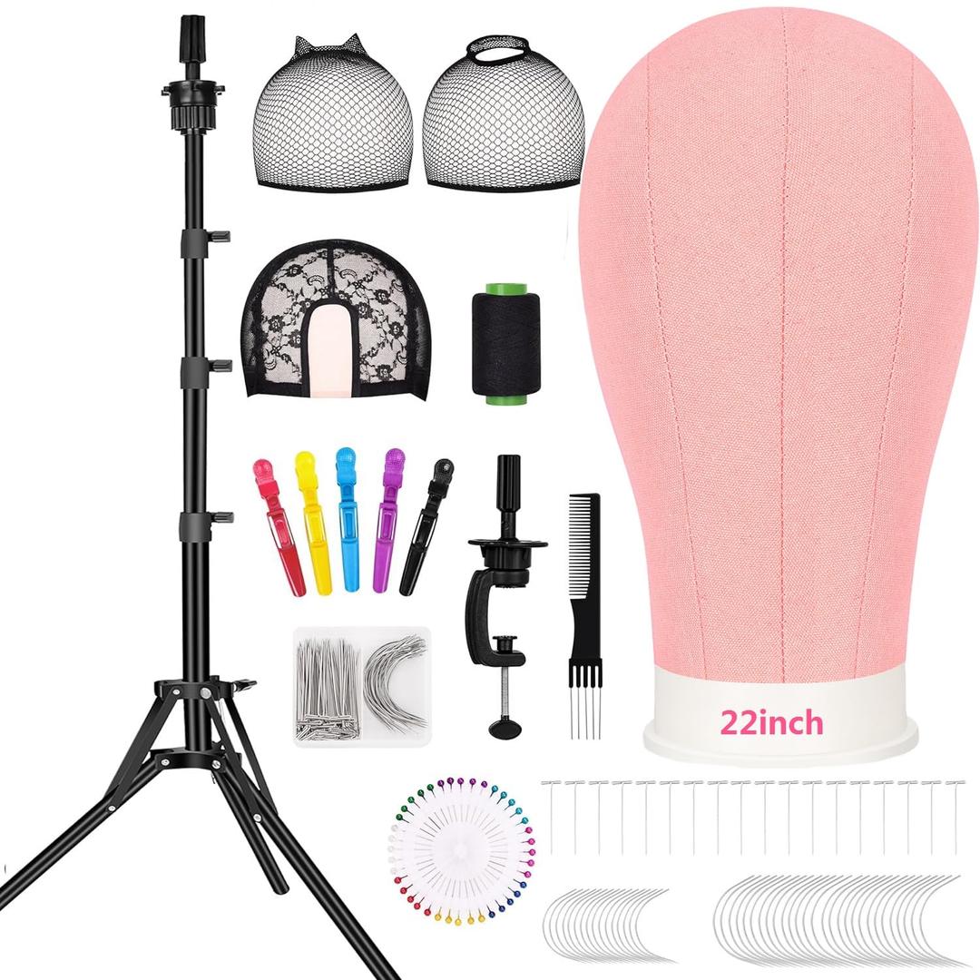 Beauty Star 63inch Tall Wig Stand Tripod with 22inch Mannequin Head, Canvas Block Wig Head Included Adjustable Holder and Wig Caps Kit for Multiple wigs, Perfect for Making Wigs, Display Styling (Pink)