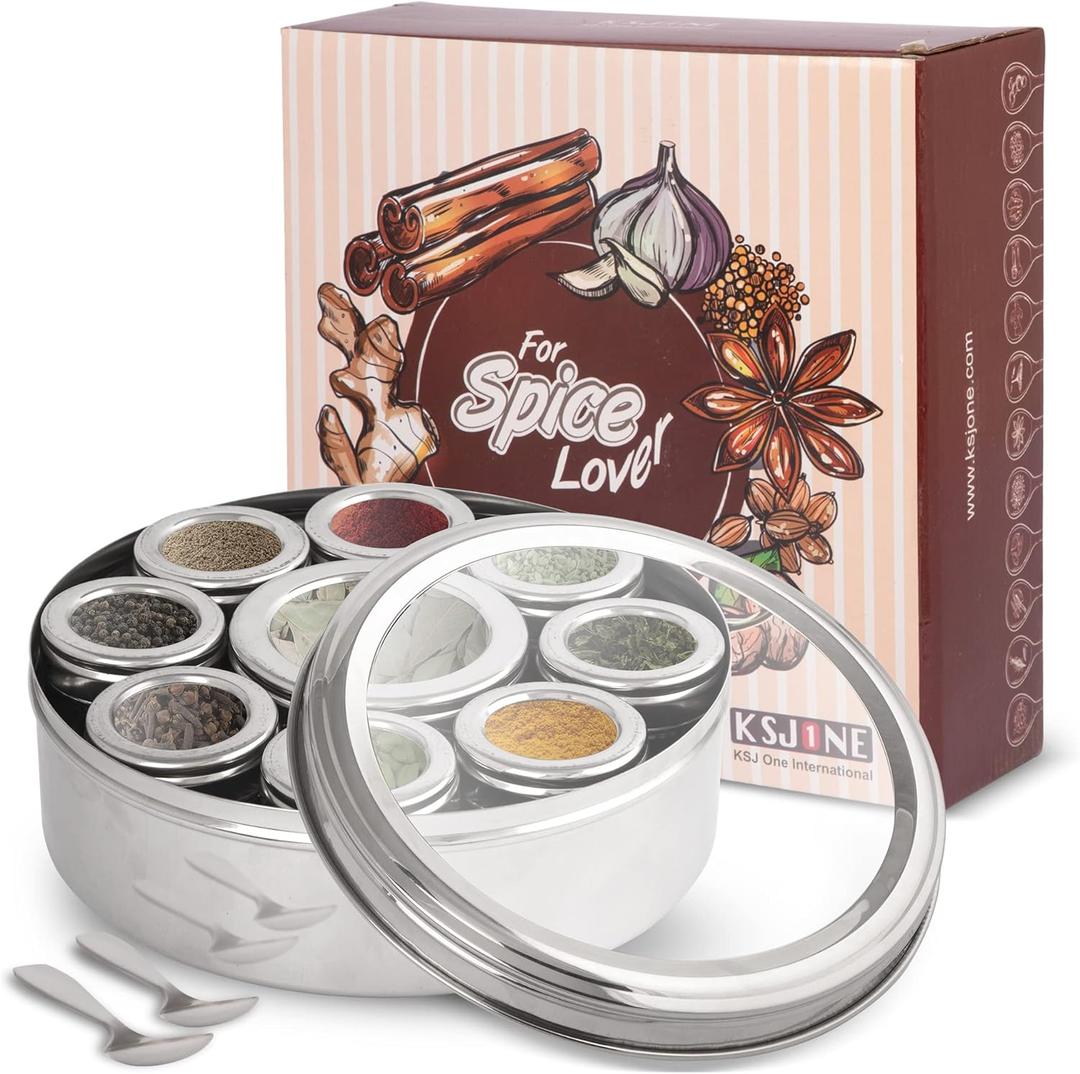Large Spice Container Masala Dabba With 9 Compartments, Masala Box, Spice Container Box, Stainless Steel Spice Box Indian Masala Dabba with Transparent Lid