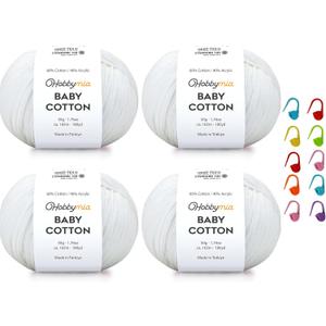 Baby Cotton Yarn for Crocheting - 50g / 180yds - (2) Fine, Sport Weight Yarn - Amigurumi Yarn for Crochet Thread - 60% Cotton & 40% Acrylic & 10 Stitch Makers (White, 4 Balls)