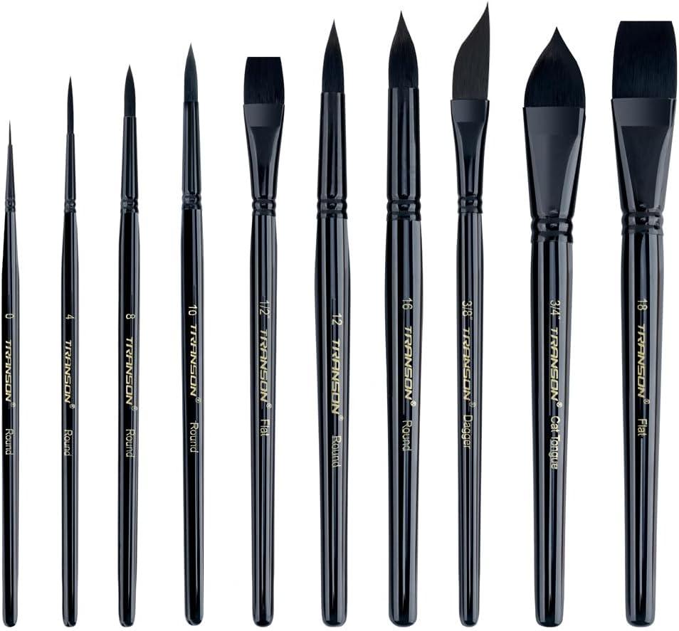 Transon 10pcs Natural Watercolor Paint Brush Set Professional for Watercolor Acrylic Ink Gouache Tempera (Black)