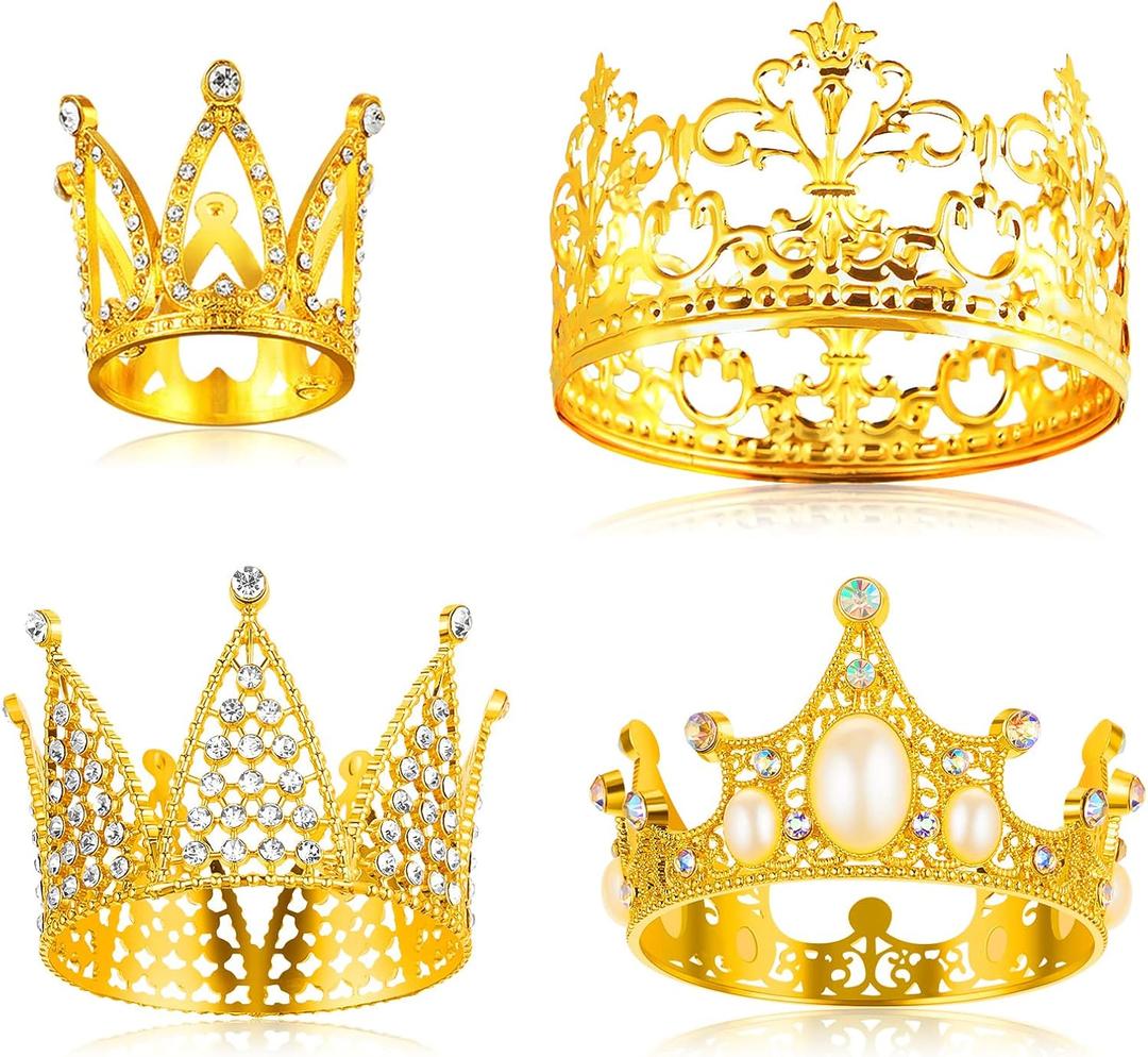 Jetec 4 Pcs Crown Cake Topper Mini Tiara Birthday Crystal Pearl Vintage Small Cake Crown Topper for Birthday Wedding Party Bouquet Flower Arrangements Baby Shower Decor(Gold,Cute Style)