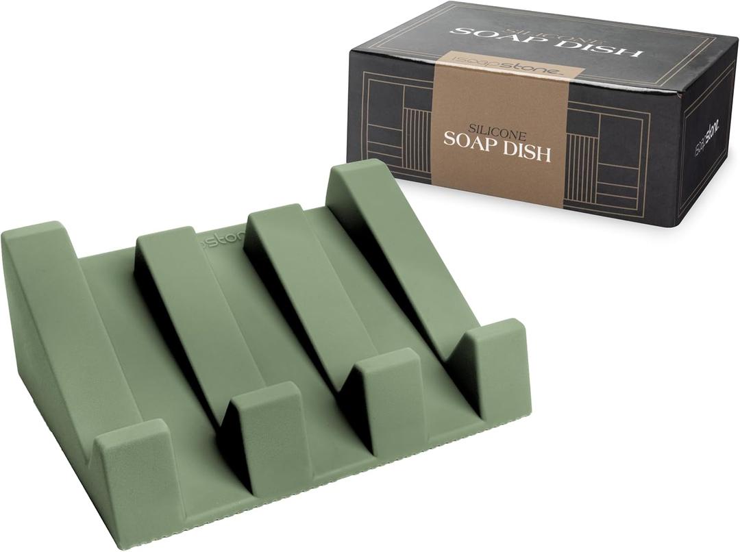 2 x Silicone Soap Dish (USA Patented) Self Draining Bar Soap Holder for Shower Bathroom Sink, Drying Soap Dish Tray Kitchen Sponge Holder Easy Cleaning Soap Saver Mat (Eco Green, 1)