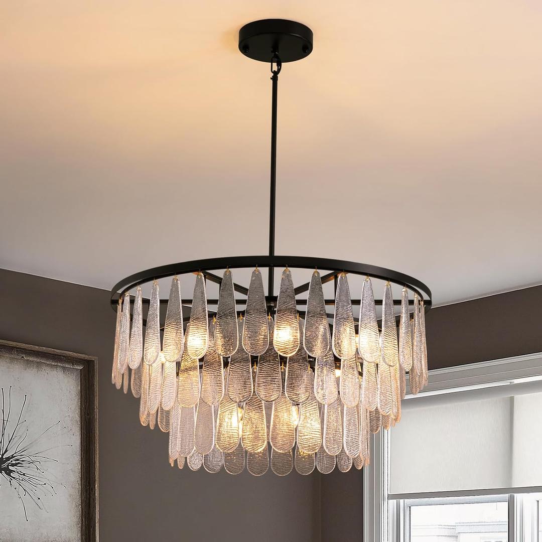 Siljoy Modern Mable Textured Glass Chandelier, 31.5" Large Black Glass Chandeliers for Dining Room, 12-Light Hanging Pendant Light Fixture, 3-Tier Round Crystal Chandelier for Bedroom Living Room, 31.4 inch