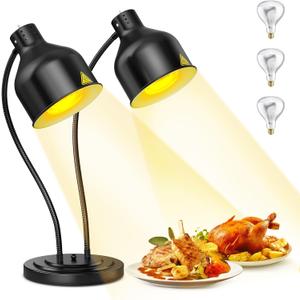 Food Heat Lamp, 500W Dual-Head Stainless Steel Commercial Food Warmer Lamp with 540° Rotation & 3Pcs Bulbs, Portable Warming Light for Restaurant Kitchen Buffet Counter Party Catering