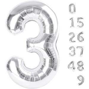 Numbers Balloon 3, 40 Inch Large Silver Balloon for Three Year Old Birthday Decor, 3 13 30 31 Birthday Party Decorations for Wedding Supplies