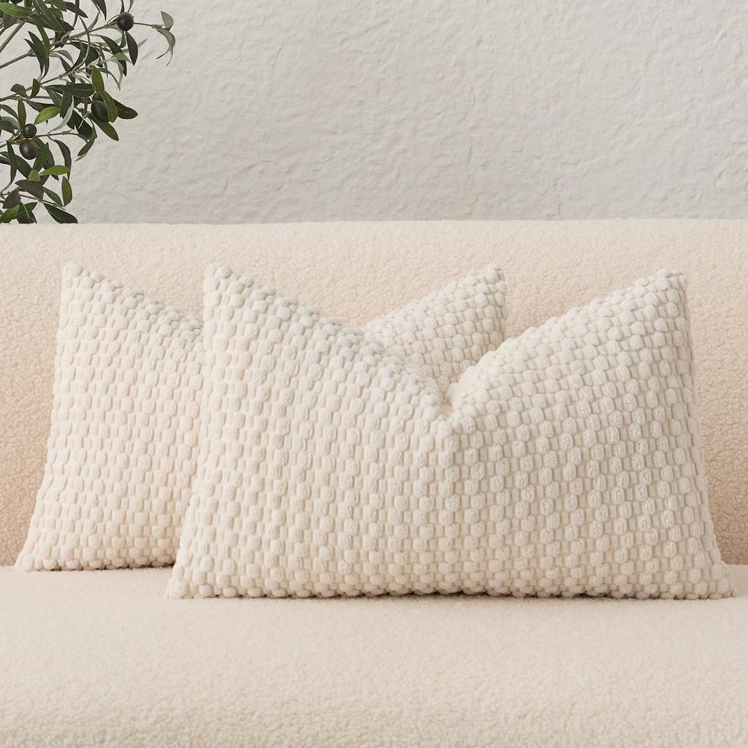 UGASA Velvet 12x20 Inch Lumbar Throw Pillow Cover, Both Sides Corduroy Striped, Soft Solid Decorative Rectangular Cushion Case for Couch/Bedroom/Car, 2 Pieces, Cream