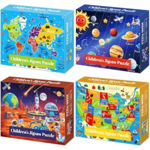 4 Packs 100 Piece Puzzles for Kids Ages 4-6 6-8 8-10, USA World Map Kids Puzzles Ages 3-5 4-6 5-8, Solar System Mars Adventure 100 Piece Puzzle for Adults Seniors, Educational Jigsaw Puzzles 15"x10"