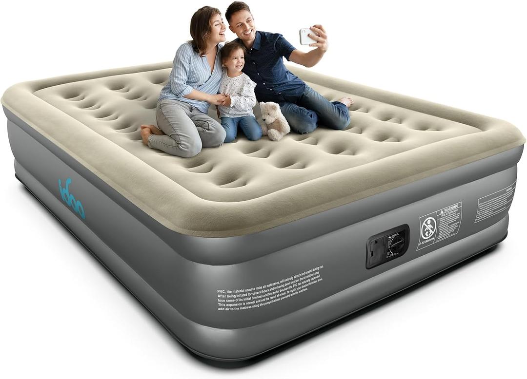 iDOO Luxury Air Mattress with Built in Pump, Queen Size Inflatable Mattress for Camping, Guests, 18" Raised Comfort Blow up Mattress, Portable & Waterproof Air Bed, Colchon Inflable (Grey White)