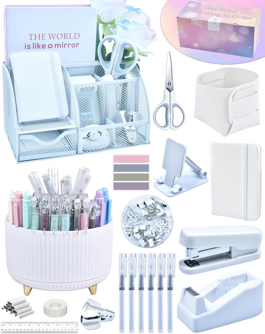 20Pcs White Desk Organizers and Accessories With Mesh Desk Organizer and 360Rotating Pen Holder and a Lot of Office White Office Supplies Beautifully Presented in a Gift Box