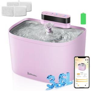 Cat Water Fountain, App Control Wireless Cat Fountain, 122oz/3.6L Pumpless Water Fountains for Cats Indoor with Stainless Steel Tray, Wi-Fi Dog and Pet Water Fountain (Pink, Fountain+2 Fliters)