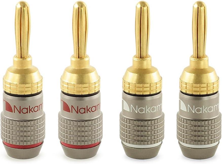Nakamichi FanLock Excel Series 24k Gold Plated Banana Plug 10 AWG - 18 AWG Gauge Size 4mm for Speakers Amplifier Hi-Fi Stereo Home Theatre Radio Audio Wire Cable Quick Connector, 4 Pcs (2-Pairs)