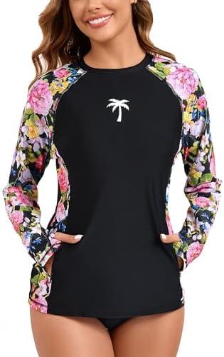 Halcurt Women's Long Sleeve Swim Shirt UPF 50+ Rash Guard Top M
