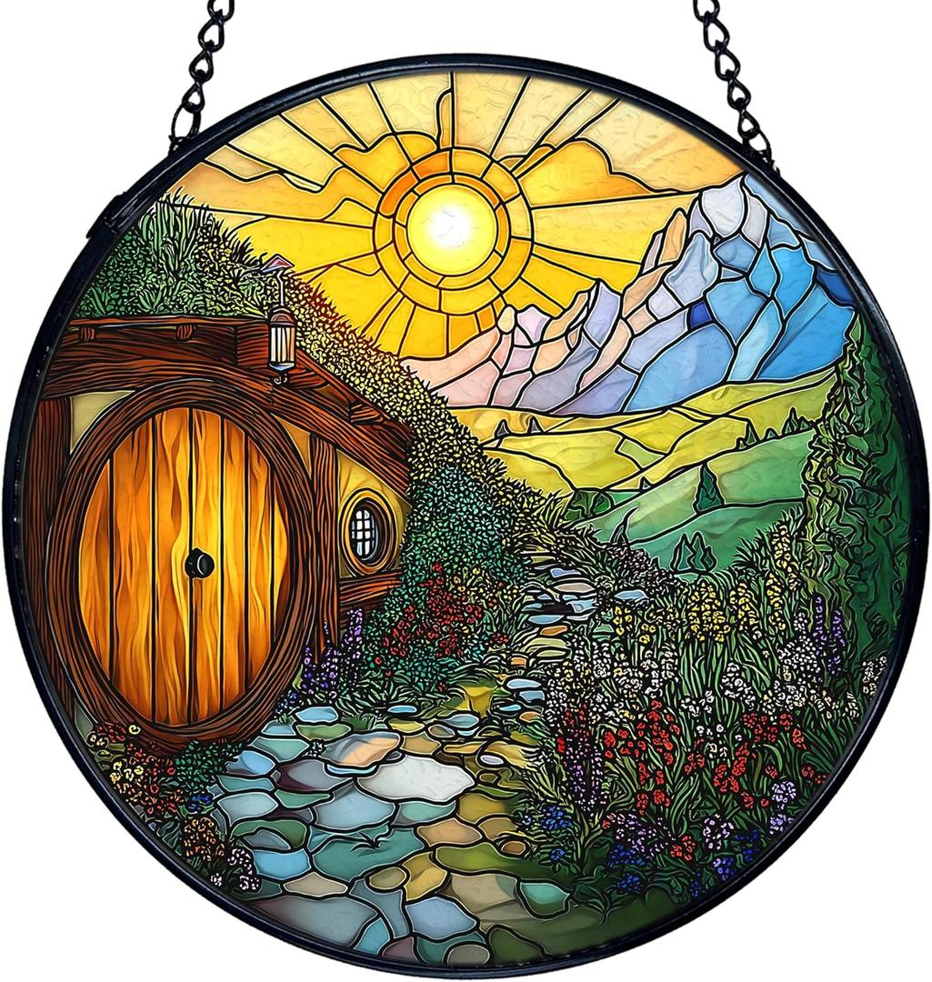 TNUW Cottagecore Mountain Flower Stained Glass Window Hanging, Fantasy Whimsical Cottage Sun Catchers Indoor Window Glass Round Wall Art Decor, Nature Sunset Wall Hanging Decorations, 7.9x7.9