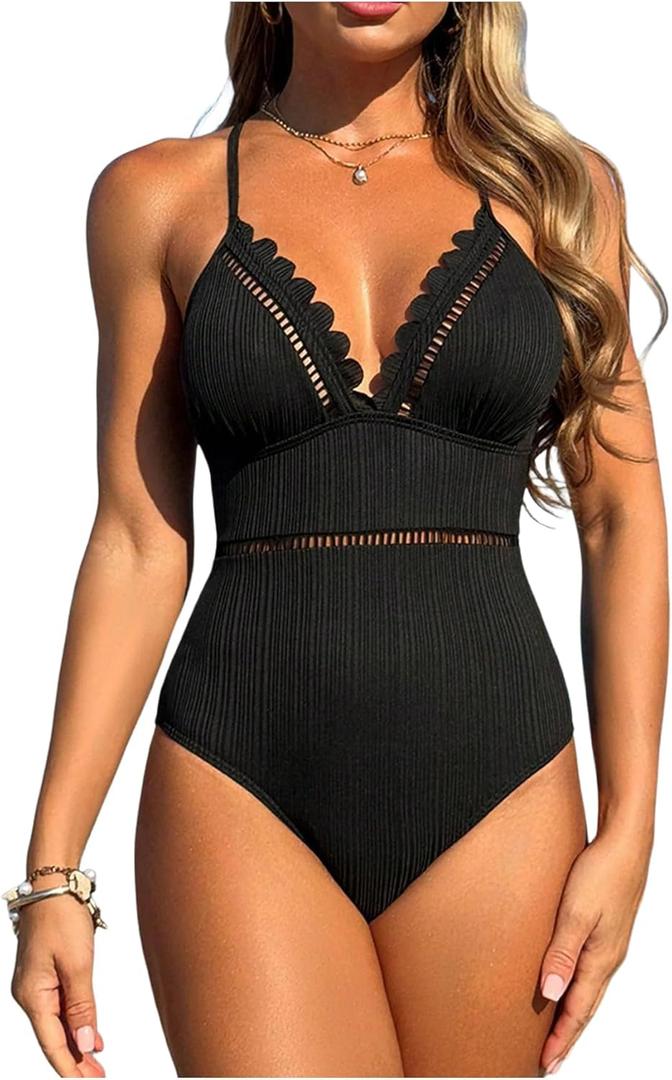 SweatyRocks Women's Scalloped One Piece Bathing Suit Crisscross Tummy Control Swimsuit (Large, Black) SweatyRocks Women's Scalloped One Piece Bathing Suit Crisscross Tummy Control Swimsuit (Large, Black)