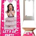 4.45ft Tall Life Size Photo Booth Props with Fixed Bracket(Stand-in Cardboard), Hot Pink Birthday Girls Photo Props for Birthday Party Decorations, Cute Girls Box for Photoshoot(53.2 * 39.5inches)